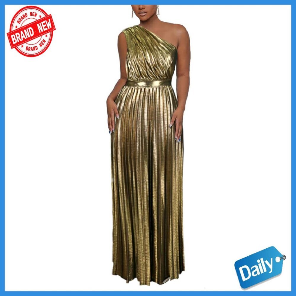 One Shoulder Metallic Pleated Long Formal Dress